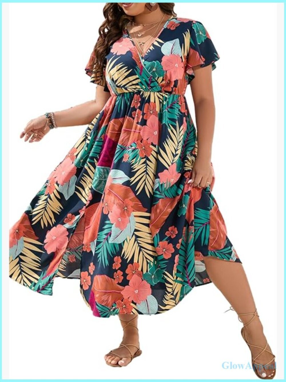Plus Size Boho Hawaiian Tropical Maxi Dress V Neck Short Sleeve A Line